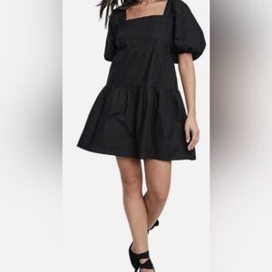 House of Harlow 1960 Black Mini Dress XL with Puff Sleeves Square Neck Linen